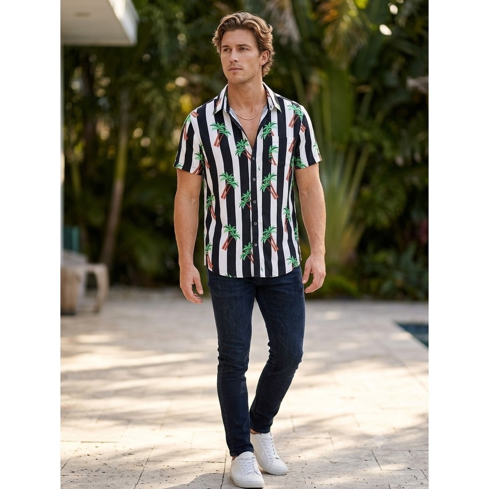 VSTR Premium Mens Small Palm Tree Striped Button Down Shirt Black White Festival